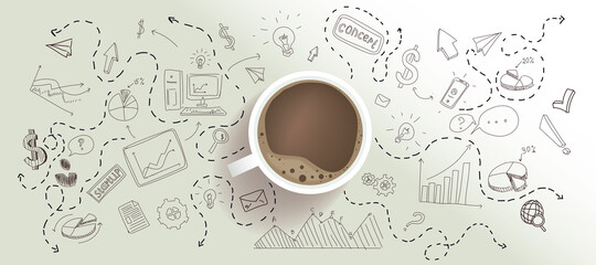 Aufkleber - Start up and new business cocnept with top view on coffee cup at light surface background with handwritten sketch of graphs and social media icons