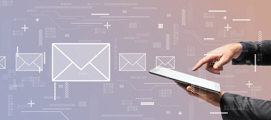 Aufkleber - Mailing concept with digital tablet in man hands on abstract bacground with white envelopes.