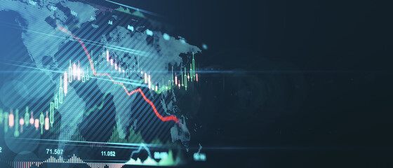 Poster - Global trade market concept with glowing digital worl map and financial chart graphs on abstract dark technological background with space for your text. 3D rendering, mock up