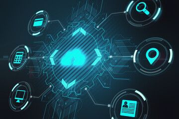 Poster - Cloud icon hologram with multiple small icons around on a dark background. Data storage and safety concept, 3d rendering
