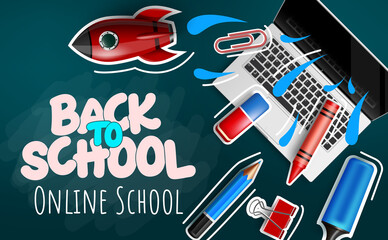 Poster - Back to school vector banner design. Back to school online text in chalkboard space with paper cut elements like laptop for e-learning educational study background. Vector illustration
