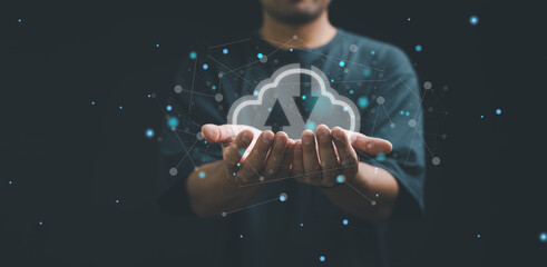 Aufkleber - Cloud Computing Technology Internet Storage Network Concept, man hands holding virtual icon cloud