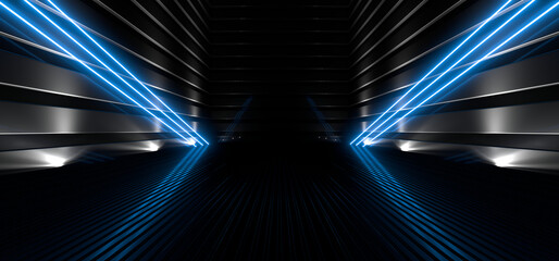 Wall Mural - sci fy neon lamps in a dark hall. reflections on the floor and walls. 3d rendering image.