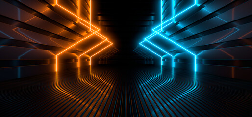 Wall Mural - sci fy neon lamps in a dark hall. reflections on the floor and walls. 3d rendering image.
