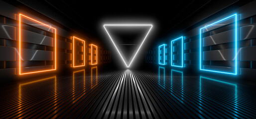 Wall Mural - sci fy neon lamps in a dark hall. reflections on the floor and walls. 3d rendering image.