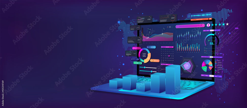 Business analysis and analytics online through the application on a laptop. Dashboard app with business analytics data, charts,  investment, trade and finance management. Vector illustration  - obrazy, fototapety, plakaty 
