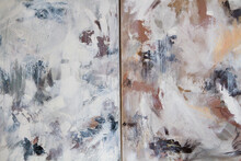 Contemporary Abstract Paintings. Closeup View Of Two Colorful Paintings With Contrasting Color Palette And Beautiful Brushwork Texture. 