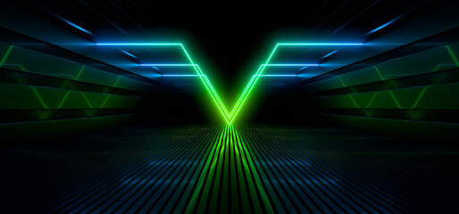 Wall Mural - sci fy neon lamps in a dark hall. reflections on the floor and walls. 3d rendering image.