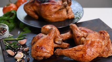 Wall Mural - Grill roast chicken with ingredients for cooking on a wooden cutting board in the kitchen