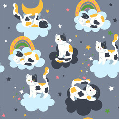 Wall Mural - Seamless pattern with cute cats and clouds. Vector graphics.