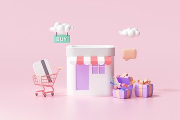 Poster - 3D Online shopping store, digital marketing, online buying, and online payment concept. 3d banner background.