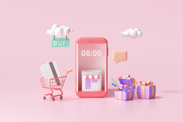 Poster - 3D Online shopping on smartphone application service, digital marketing, online buying, and online payment concept. 3d banner background.