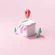 3D minimal shop with map pin, house on pink background. 3d render illustration