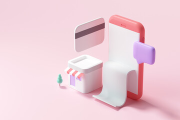 Poster - 3D Online shopping on smartphone application service, digital marketing, online buying, and online payment concept. 3d banner background.