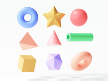 Set Of Colorful 3d Object Elements, Torus, Star, Sphere, Triangle, Tube, Cube On Isolated White Background. 3d Render Illustration