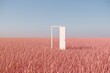 Outstanding White door open on pink grass filed landscape with sky background. Minimal idea concept. 3D Render.