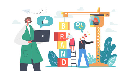 Poster - brand building concept. business characters work on crane create corporate identity, company persona