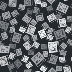 Grey Software, web developer programming code icon isolated seamless pattern on black background. Javascript computer script random parts of program code. Vector