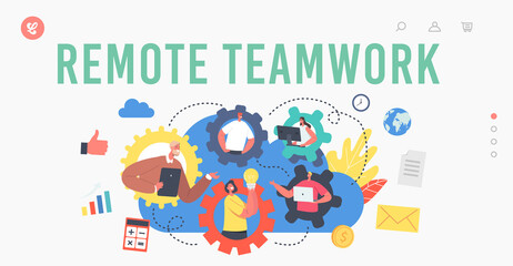 Wall Mural - remote teamwork landing page template. webcam group conference with coworkers. business characters, 