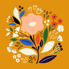 Wall Mural - Beautiful romantic floral bouquet with flowers and leaves on the yellow background