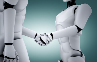 Poster - 3D rendering humanoid robot handshake to collaborate future technology development by AI thinking brain, artificial intelligence and machine learning process for 4th industrial revolution.