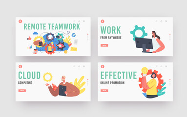 Wall Mural - Remote Teamwork Landing Page Template Set. Webcam Group Conference with Coworkers. Business Characters, Video Call