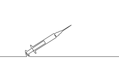 Vaccine syringe one single line art concept. Pandemic COVID coronavirus safe hand drawn sketch. Injection epidemia pneumonia allergy white monochrome vector illustration