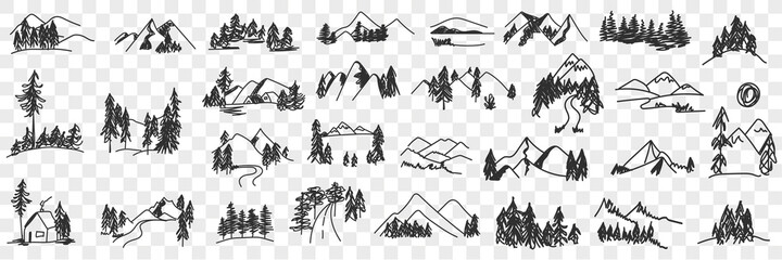 Wall Mural - Mountains valley landscapes doodle set. Collection of hand drawn various sceneries and views of natural forest and mountains landscapes in rows isolated on transparent background 
