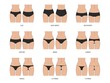 Types of women's panties. Front and behind view. Set of underwear - slip, high waist, string, thong, tanga, bikini, cheeky, hipster, boyshorts. Vector illustration