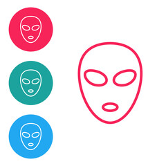 Poster - Red line Alien icon isolated on white background. Extraterrestrial alien face or head symbol. Set icons in circle buttons. Vector