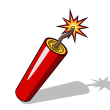 Red Dynamite Stick Icon With Burning Fuse And Shadow Isolated On White Background. Vector Illustration