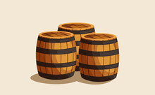 Vector Illustration Of Stacks Of Wooden Barrels Isolated On A Light Background
