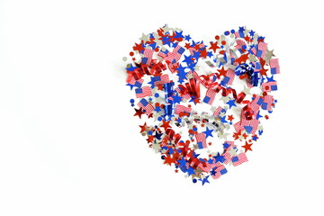 4th of July USA Independence Day confetti heart decorations american flag colors top view isolated. Copy space. Celebration memorial day in America.