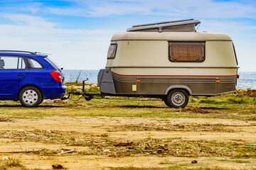 Sticker - Caravan trailer camping on coast, Spain.