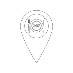 Poster - map pointer with  food icon. Icon 24 Hour  food icon sign 