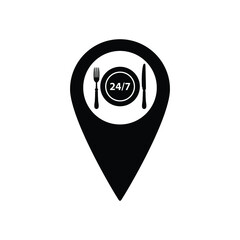 Poster - map pointer with  food icon. Icon 24 Hour  food icon sign 