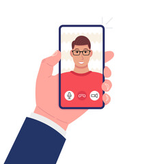 Wall Mural - Video call. Hand holding smartphone. Man with glasses on the screen. Vector.