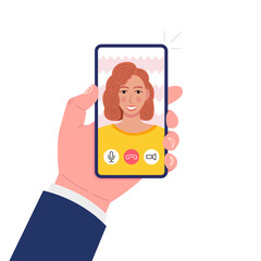 Poster - Video call. Hand holding smartphone. Woman on screen. Vector.