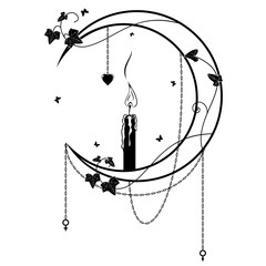 Wall Mural - vector illustration with moon, candle, ivy, chain, heart,  sign of Venus and Mars in black and white colors