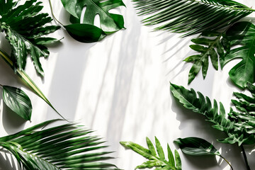 Poster - Tropical green leaves on white background