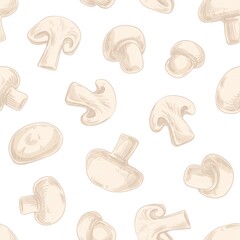 Aufkleber - Seamless pattern with champignon slices on white background. Endless repeatable texture with mushrooms. Hand-drawn printable food package. Design of repeating fungi backdrop. Vector illustration