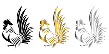 Vector Line Art Illustration Logo Of A Bantam It Is Standing There Are Three Color Black Gold And Silver