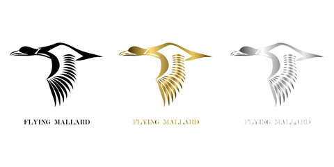 Wall Mural - Line art vector logo of mallard that is flying three color black gold silver