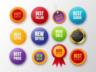 Sticker - Collection of promo badges. Different colors and shapes badges isolated on white. New offer, best choice, best price and premium tags. Vector illustration