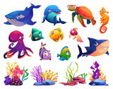 Fototapeta Pokój dzieciecy - Animals of ocean, corals and algae, set isolated cartoon icons. Vector dolphin and shark, whale and fish, turtle and jellyfish. Childish seabed sea bottom creatures, marine underwater plants