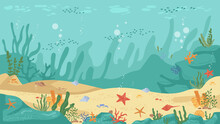 Underwater World Sea Bottom, Algae And Coral Reef, Sea Stars And Fish, Flat Cartoon Background. Vector Aquarium With Seafloor, Marine Wildlife Scenery, Bubbles. Seaweeds And Stones Undersea Plants