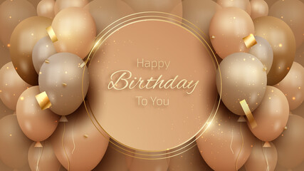 Birthday card with luxury balloons and gold ribbon. 3d realistic style. vector illustration for design.