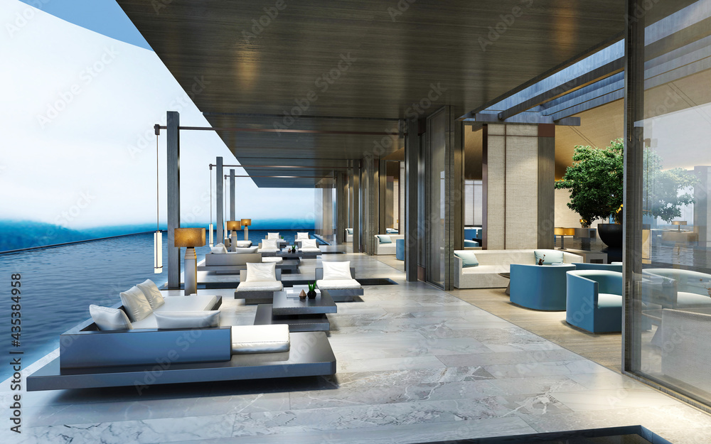 3d render of hotel lobby and terrace - obrazy, fototapety, plakaty 