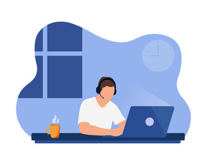 Fototapete - Man is working  at the desktop with a laptop and headphones with microphone. Concept illustration for support, assistance, call center. Vector illustration in cartoon style