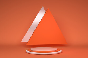 Poster - 3D empty podium with geometric shapes orange composition with triangle sphere for modern stage display and minimalist mockup, abstract showcase background. Concept 3d illustration or 3d render